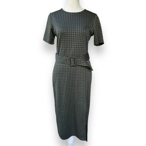Zara Green and Black Gingham Check Short Sleeve Belted Midi Dress | Size Medium